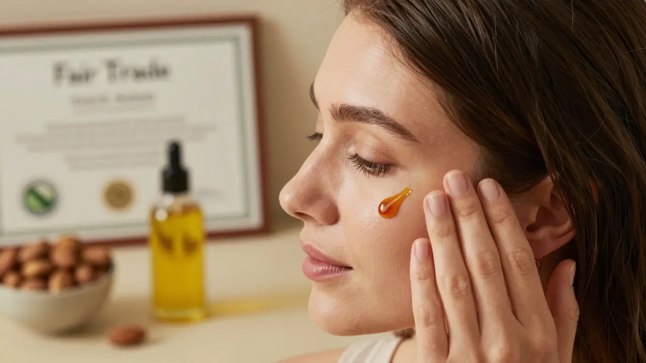 Ruka s arganovým olejem, který se rychle vstřebává do kůže.