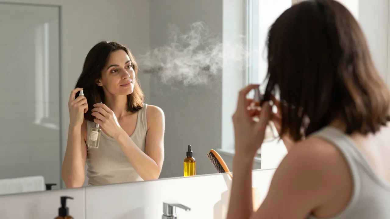 Žena aplikuje parfém na vlasy v koupelně, zrcadlo odrazuje klidný výraz.