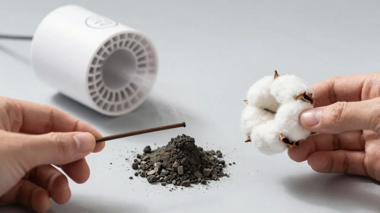 Clean cotton wick beside sooty paraffin residue, with aroma diffuser in background.