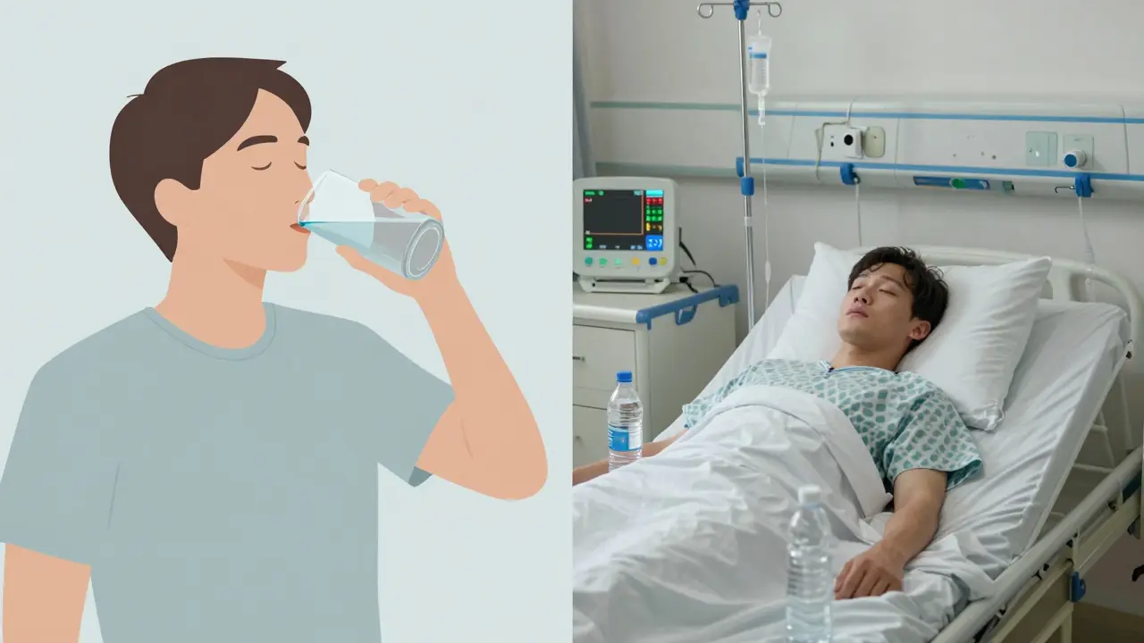 Dva scénáře hydratace: zdravý návyk vs. závažná otrava vodou s infuzí ve nemocnici.