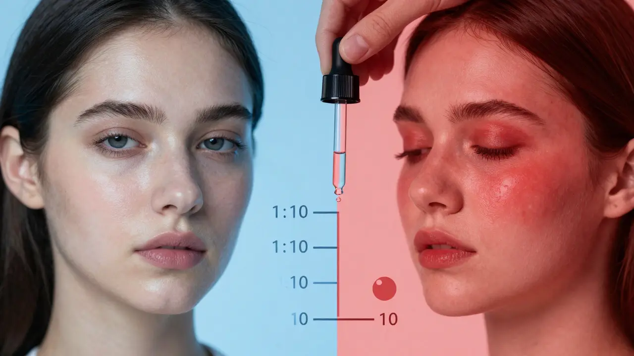 Dvě strany pleti: klidná a zdravá naproti červené a podrážené.