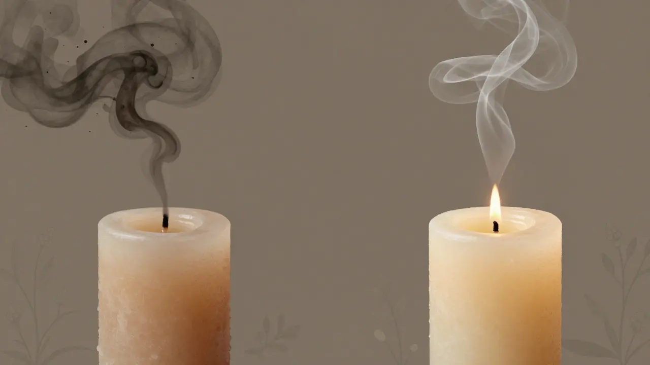Side-by-side visual contrast: clean scent trail from soy candle vs. polluted smoke from paraffin candle.