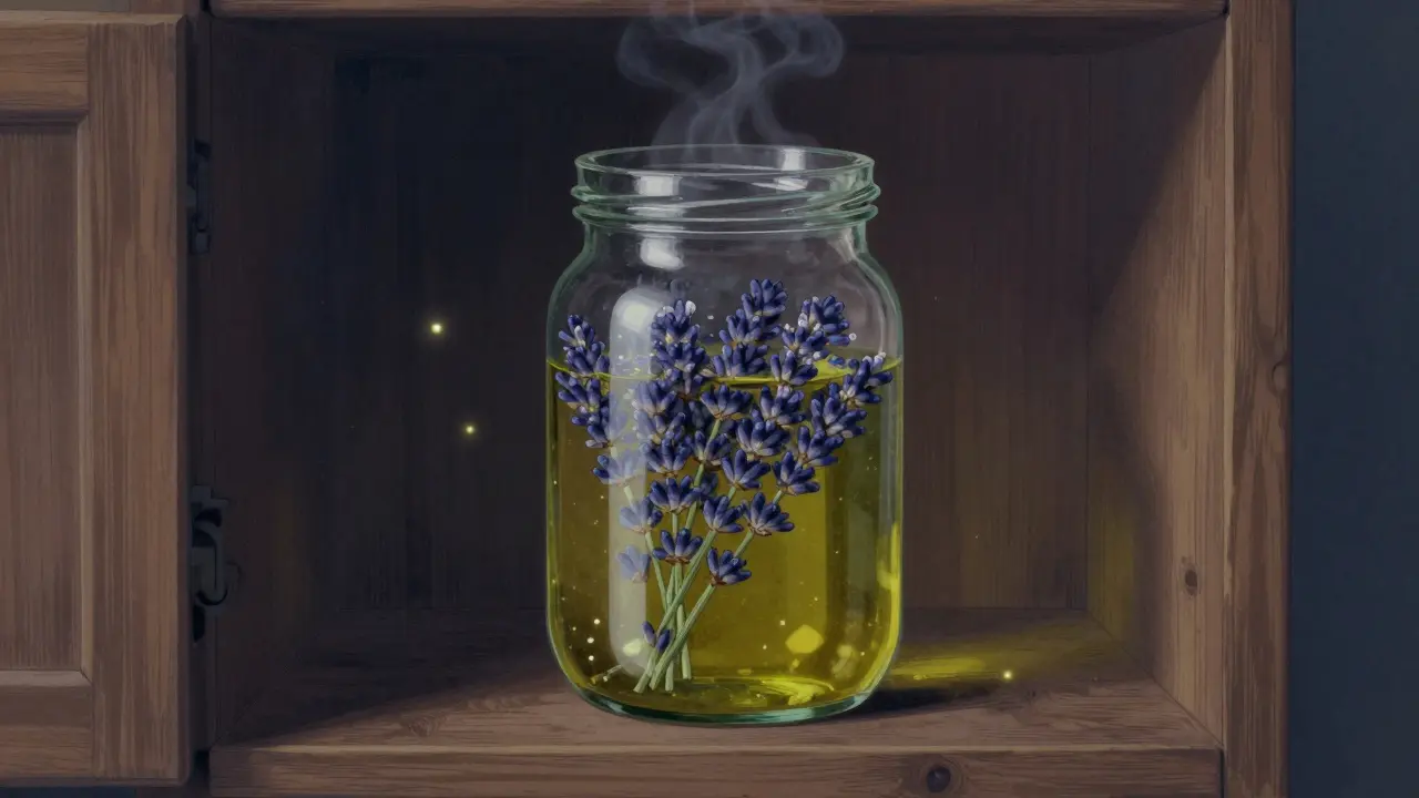 Skleněná láhevka s květy levandule infuzovanou v olivovém oleji v tmavé skříni.