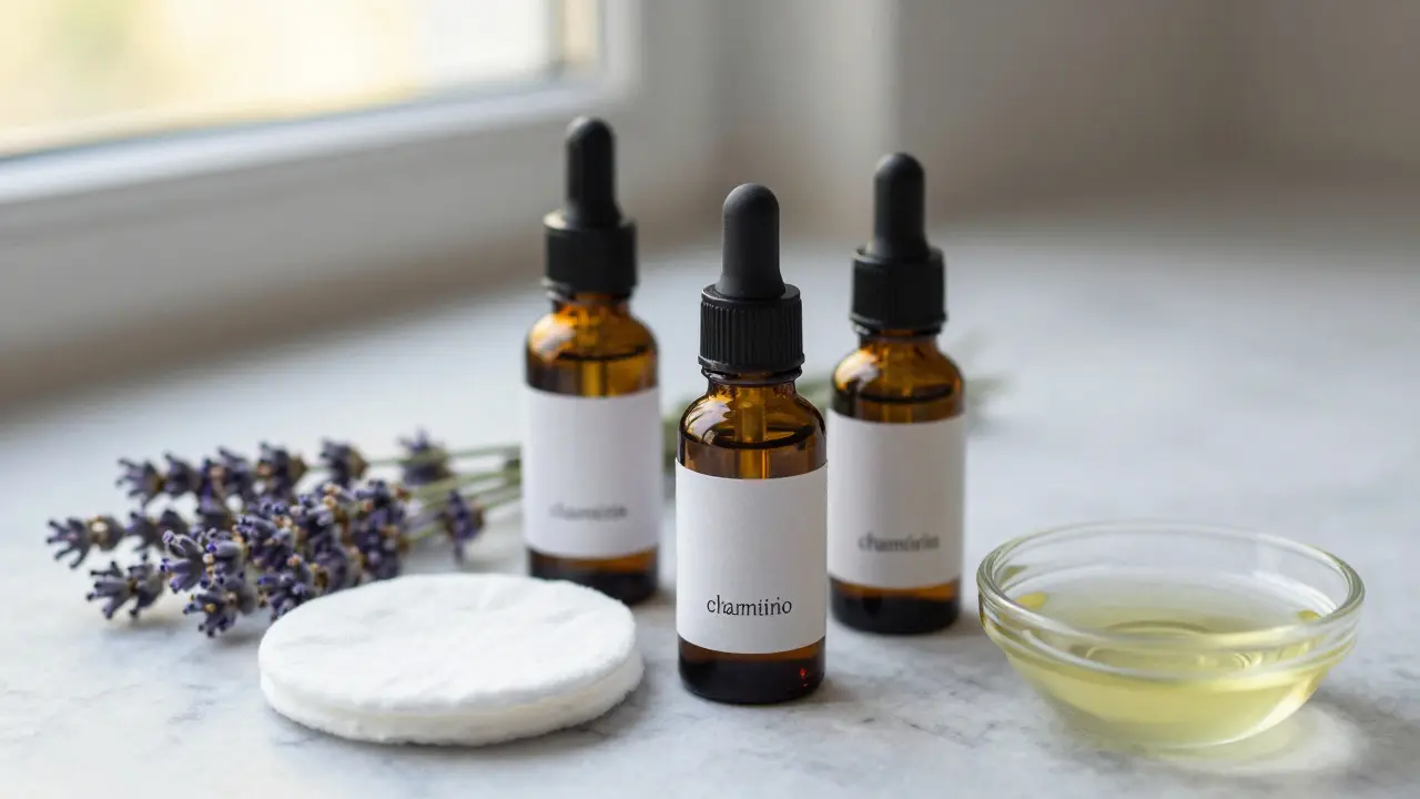 Tři tmavé skleněné lahvičky s esenciálními oleji na marmové desce.