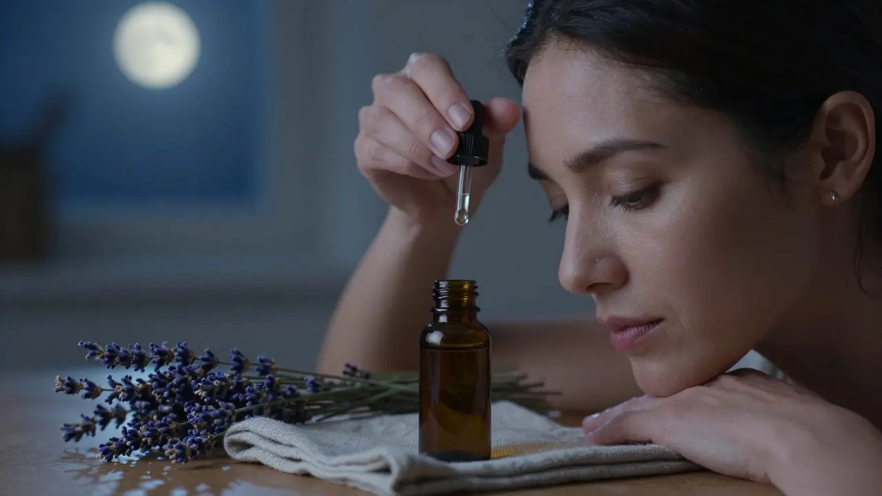 Žena aplikuje domácí olej z levandule na šíji s klidným výrazem.