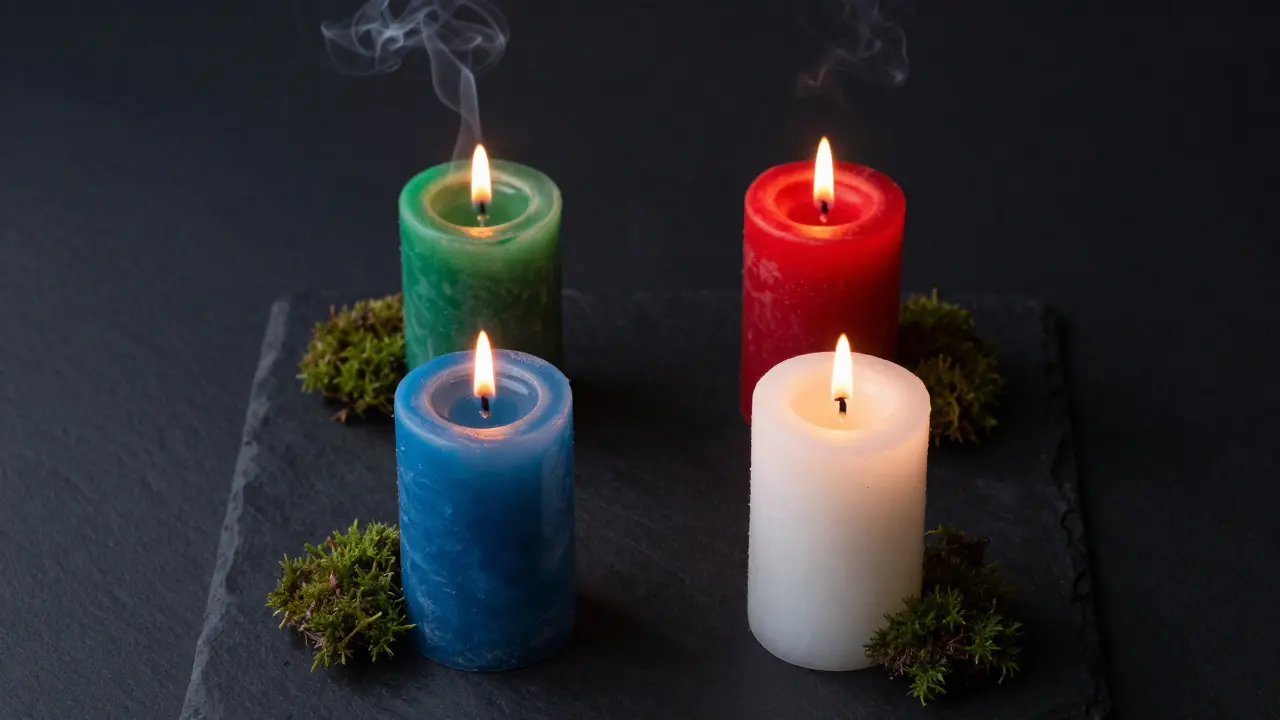 Čtyři barevné svíčky symbolizující živly země, vody, ohně a vzduchu.