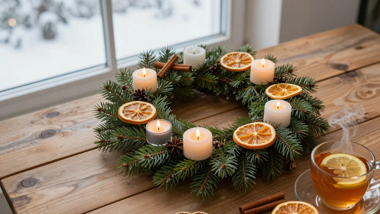 Dekorativní adventní věnec s vonnými svíčkami, skořicí a horkým čajem.