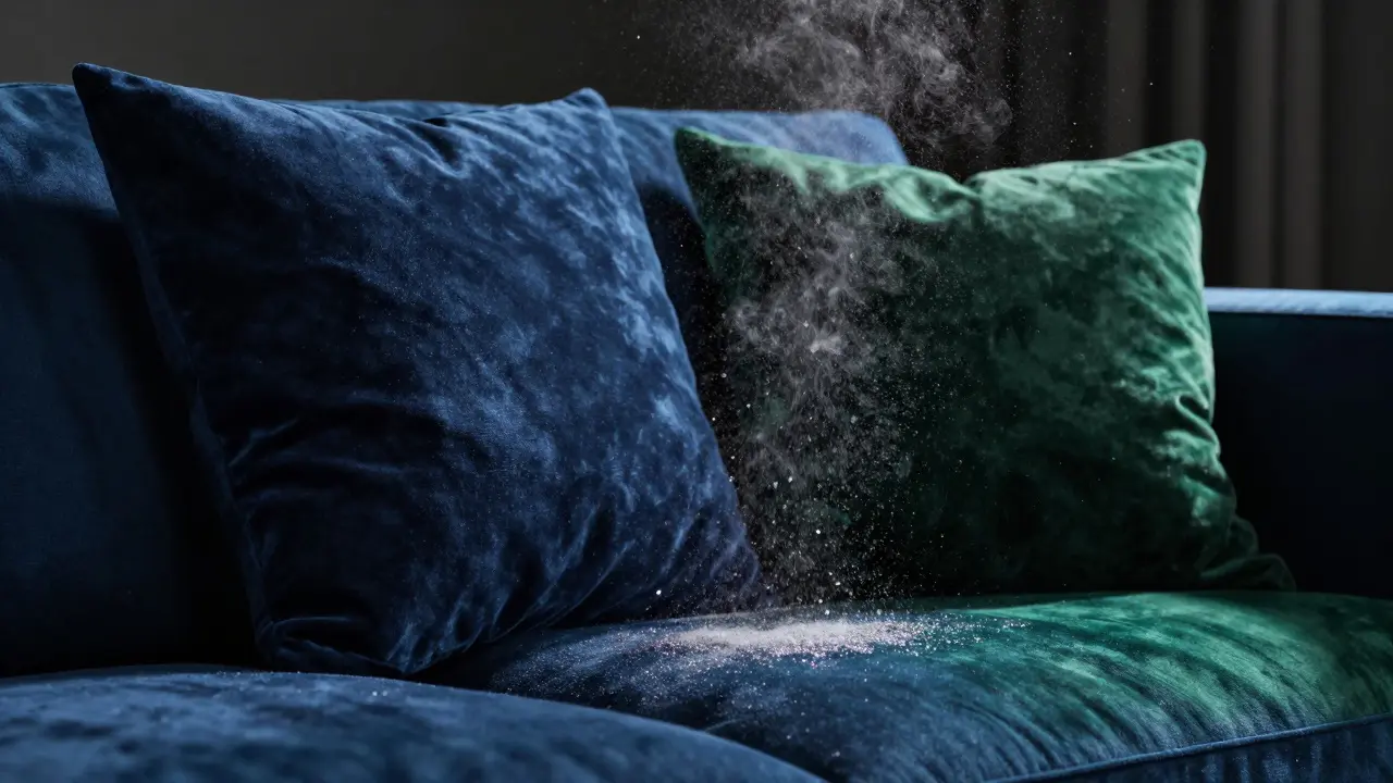 Detail jemné mlhy domácí vůně osazující se na textilii luxusního polštáře.