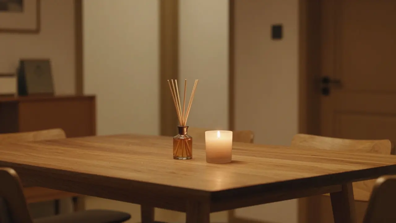 Kombinace vonné svíčky a difuzéru na dřevěném stole v útulném koutě domácnosti.