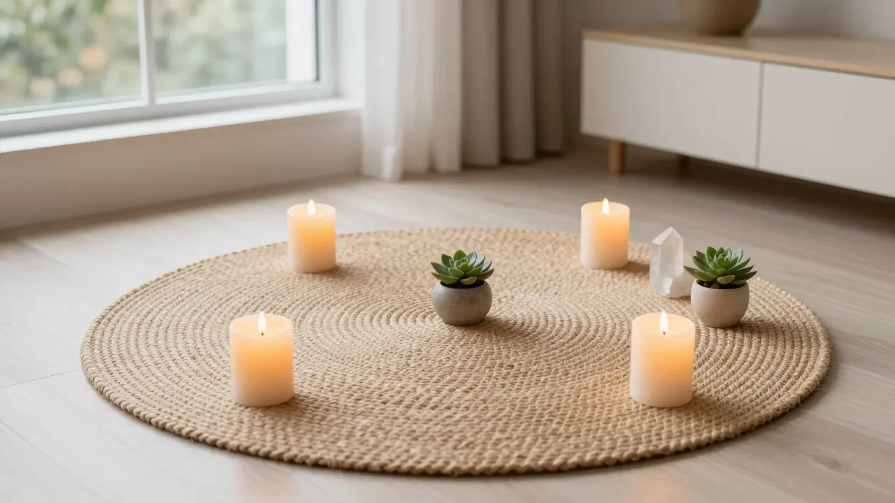 Kutie pro meditaci se čtyřmi zapálenými svíčkami v rozích prostoru.