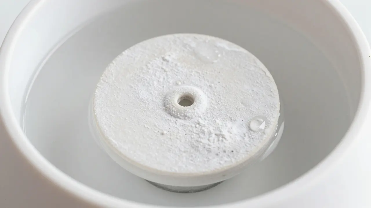 Makro detail ultrazvukového disku v difuzéru pokrytého vodním kamenem