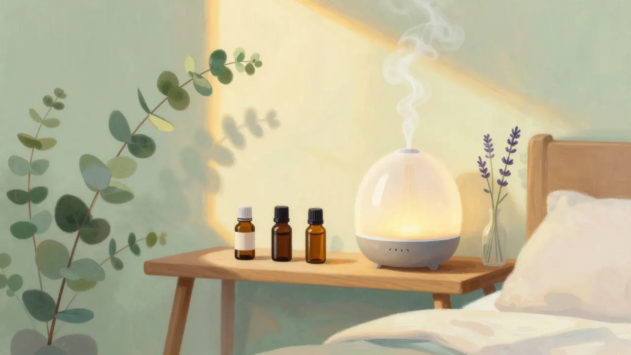 Malba pokoje se zelenými rostlinami a difuzérem osvětleným západem slunce.