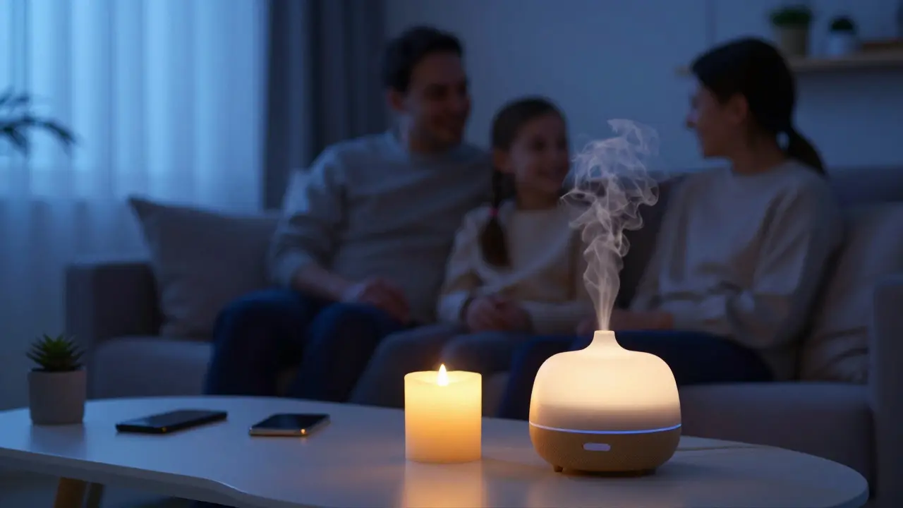 Moderní interiér s LED svíčkou a difuzérem během rodinného večera.