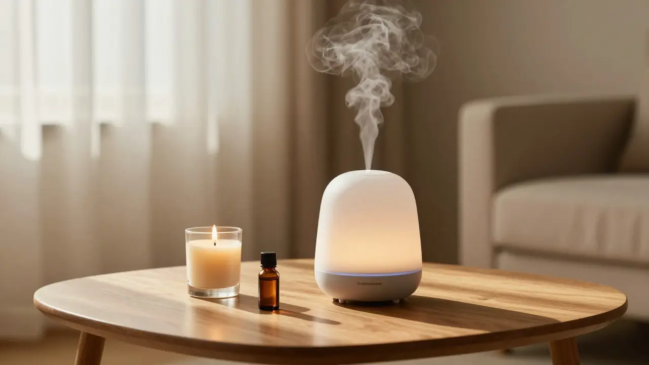 Difuzér, vonná svíčka a oleje na stolu v klidné atmosféře.