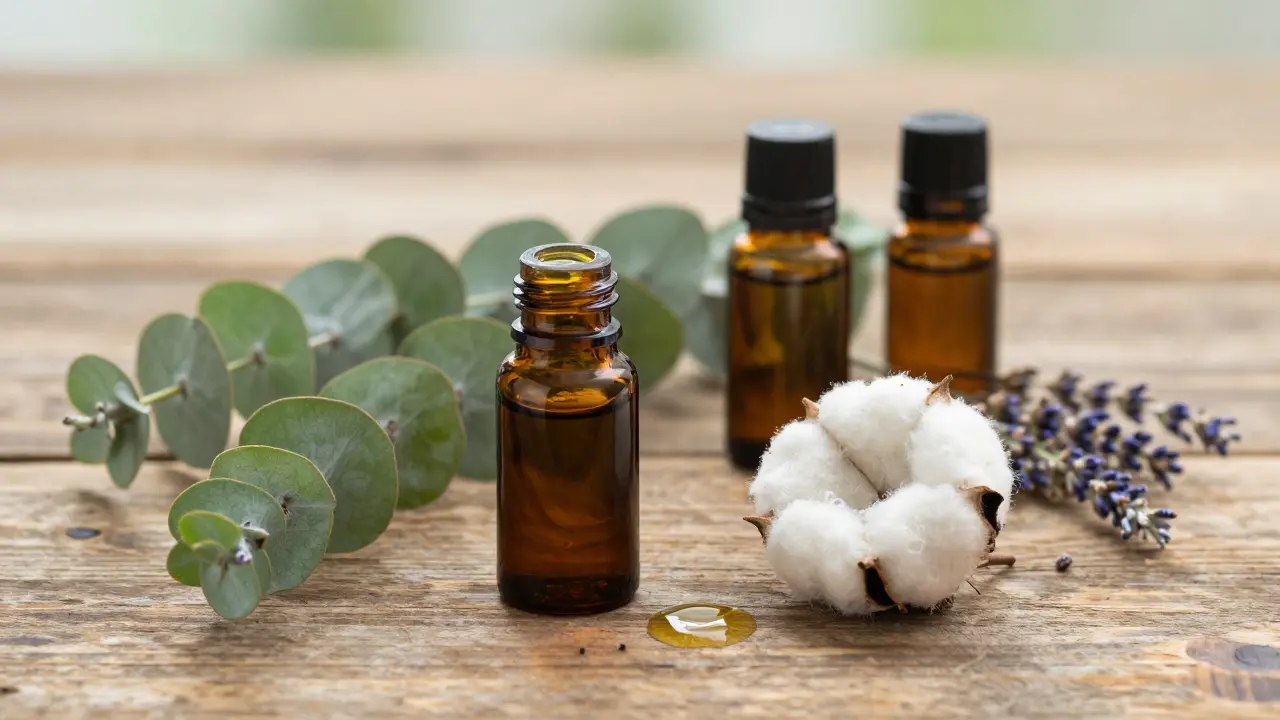 Přírodní oleje a byliny pro aromaterapii na dřevěném stole
