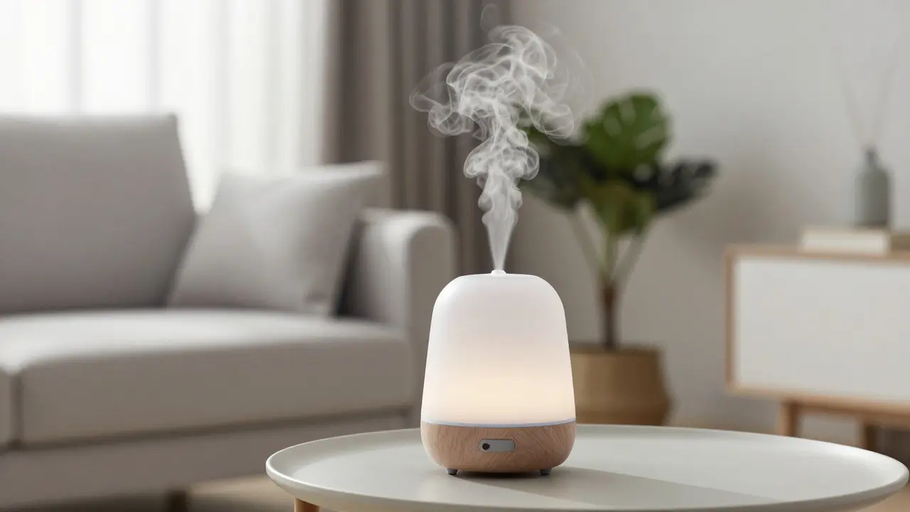 Ultrazvukový difuzér vydávající jemnou mlhu v klidném obývacím pokoji
