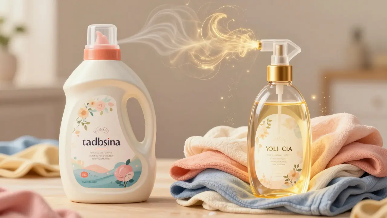 Elegantní lahvička parfému na prádlo s aromatem kolem čistého prádla