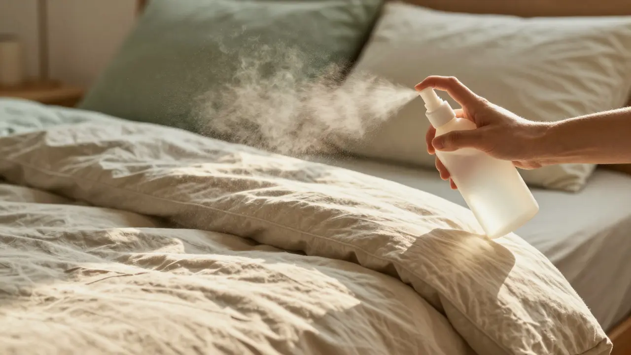 Hand spraying perfume mist over a cozy, well-made bed
