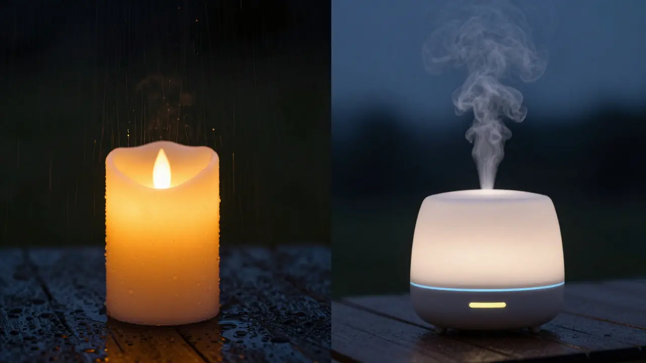 LED svíčka v dešti a aromadifuzér jako alternativy