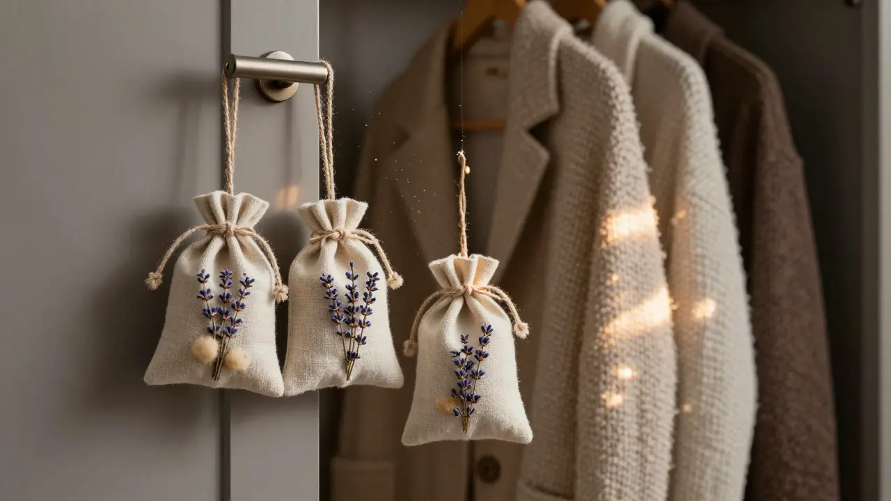 Linen scent sachets hanging in a stylish, open wardrobe