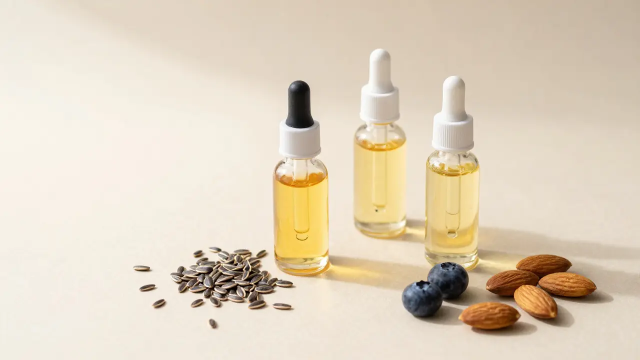 Skleněné lahvičky s rostlinnými oleji a čerstvými ingrediencemi