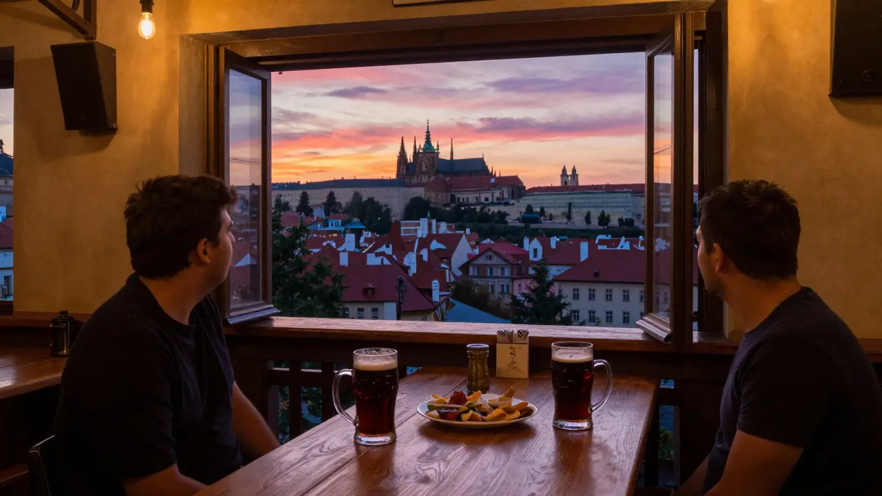 Výhled na Prahu z pivovarské zahrady na Letné při západu slunce