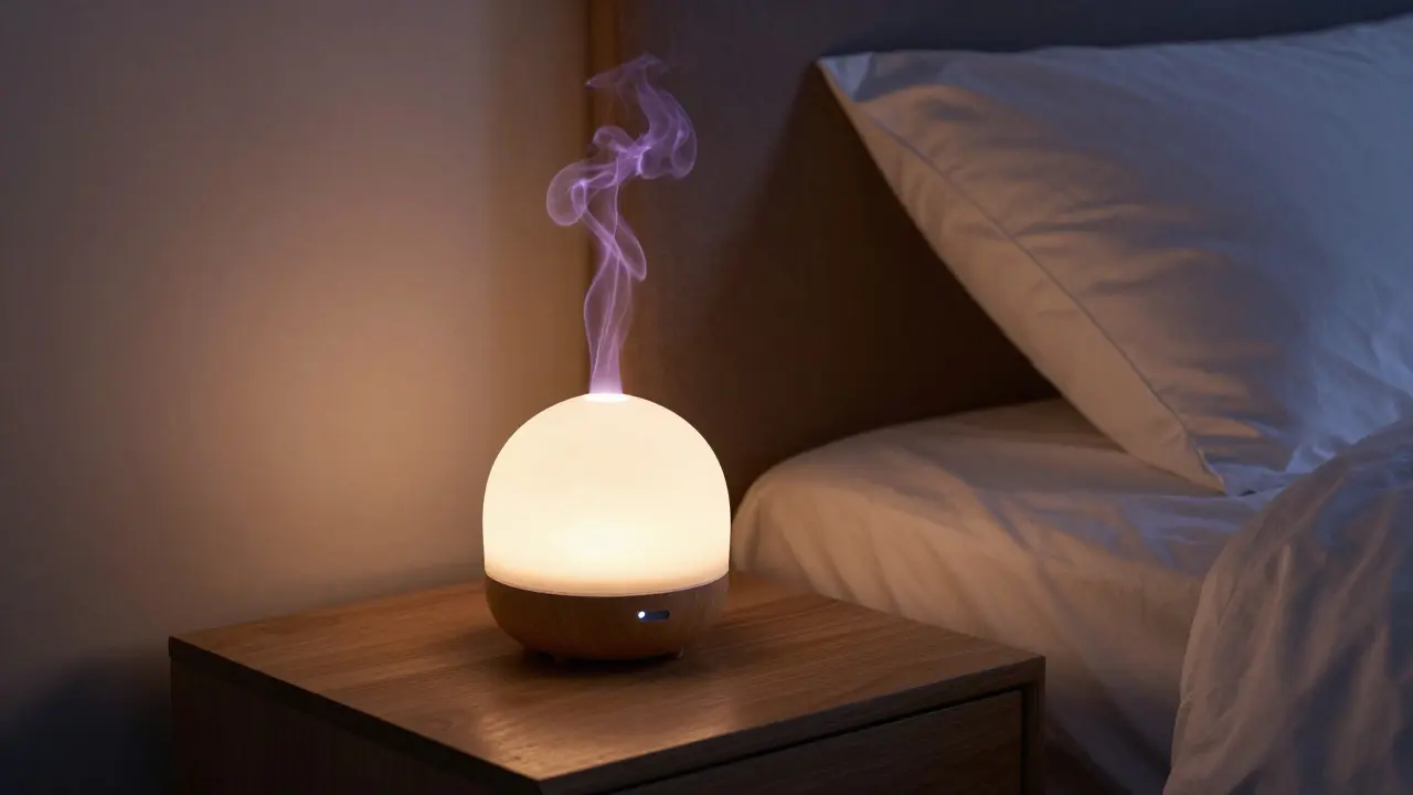 Difuzér na nočním stolku v tmavé ložnici pro relaxaci