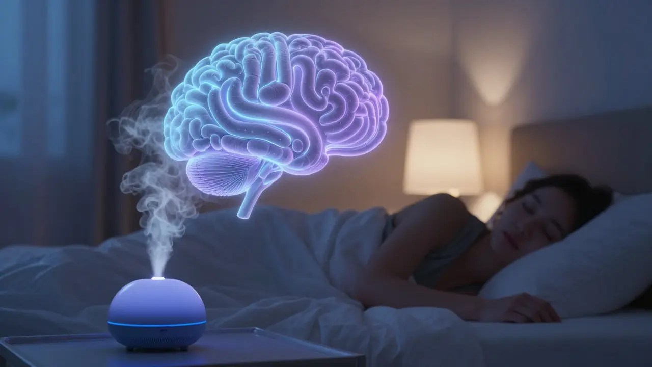 Difuzér v ložnici emitující uklidňující mlhu symbolizující relaxaci a spánek