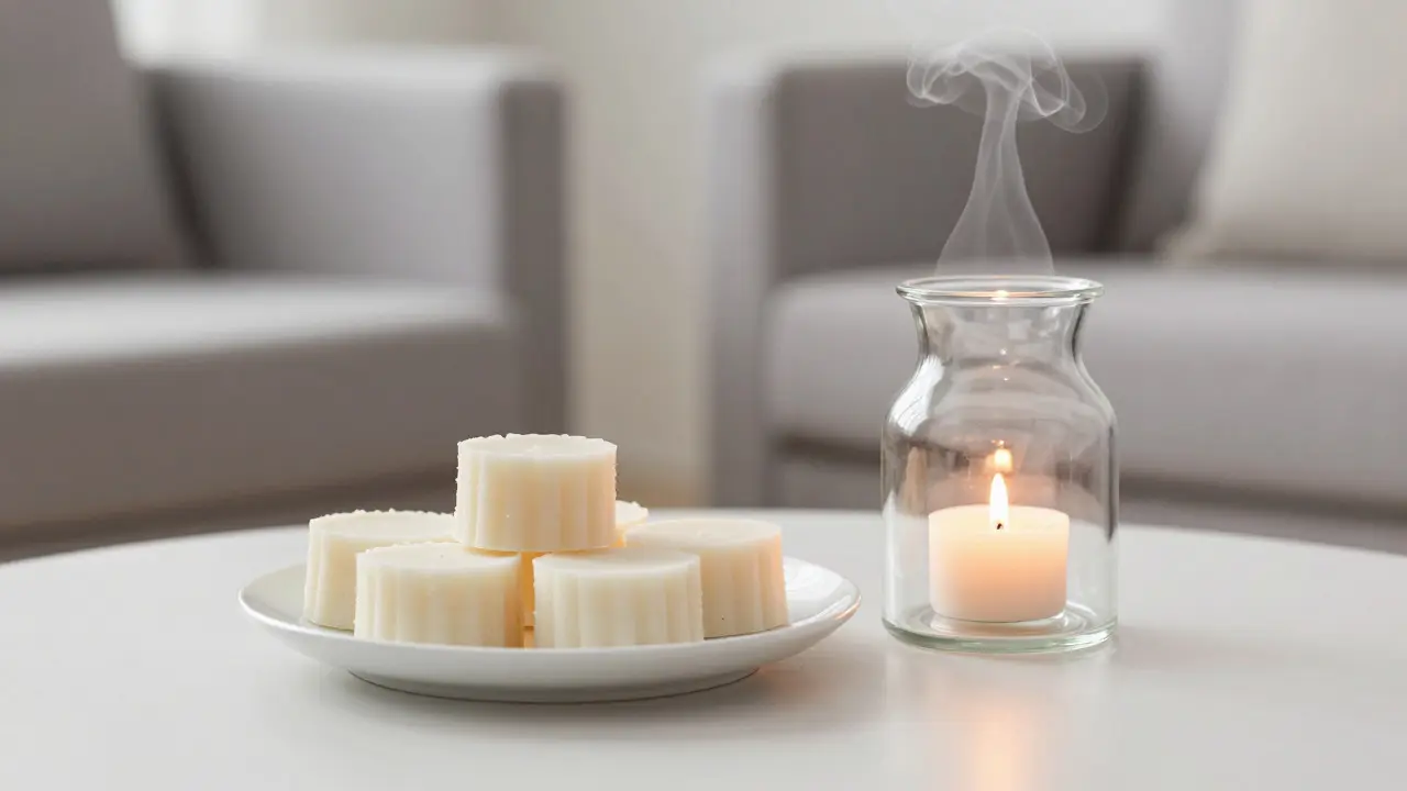 Dokončené voskové destičky vedle rozsvícené aromalampy