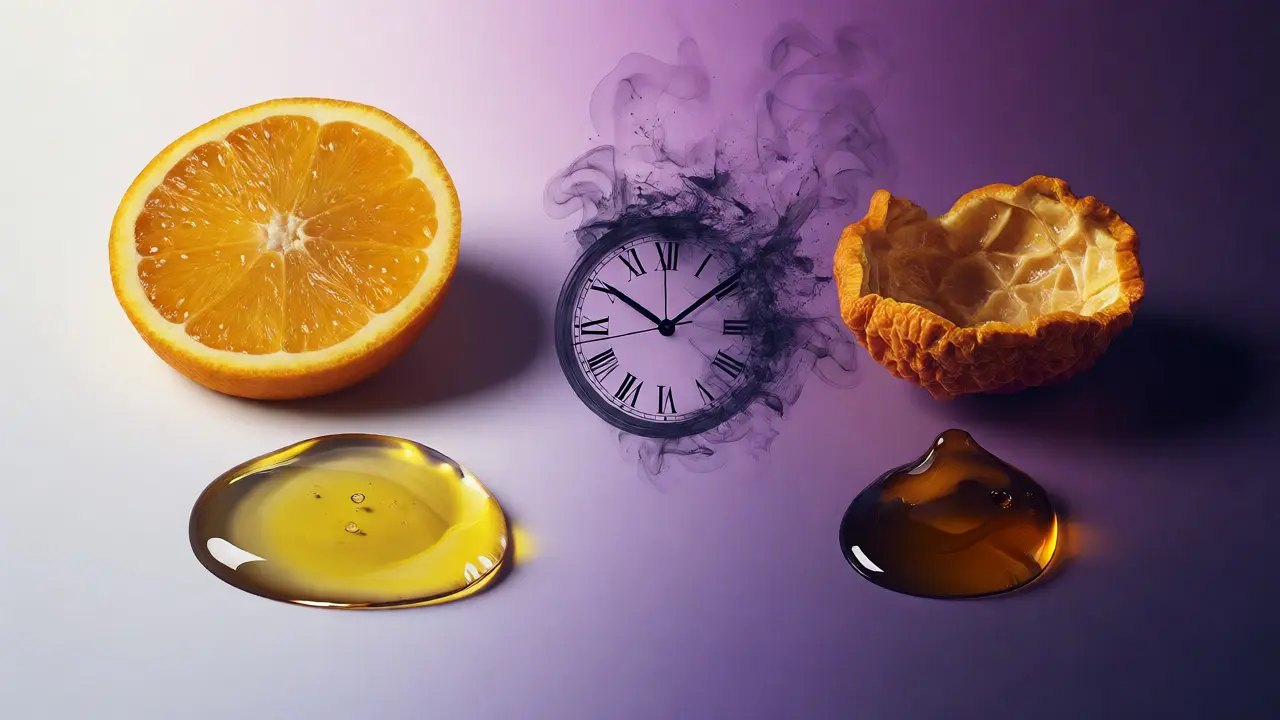 Porovnání čerstvého a oxidovaného citrusového oleje s vizuální metaforou času